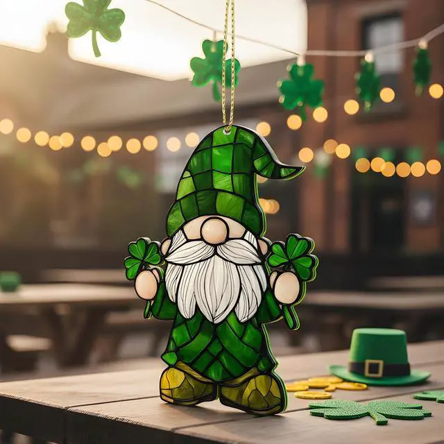 Alt view image 4 of 7 - Green Lucky Gnome Hanging Ornament Acrylic Irish Inspired Holiday Decor for Home Window Wall Door Small Tree Wreath Festive Seasonal Decoration Cute Shamrock Gift