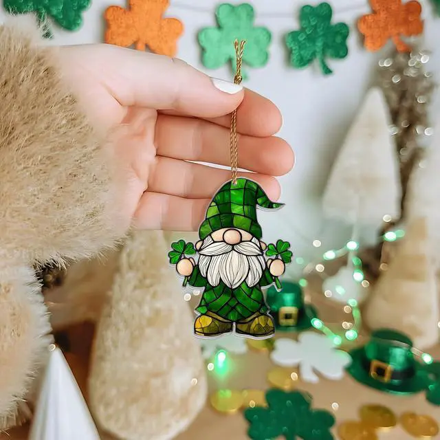 Alt view image 5 of 7 - Green Lucky Gnome Hanging Ornament Acrylic Irish Inspired Holiday Decor for Home Window Wall Door Small Tree Wreath Festive Seasonal Decoration Cute Shamrock Gift
