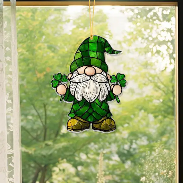 Alt view image 3 of 7 - Green Lucky Gnome Hanging Ornament Acrylic Irish Inspired Holiday Decor for Home Window Wall Door Small Tree Wreath Festive Seasonal Decoration Cute Shamrock Gift
