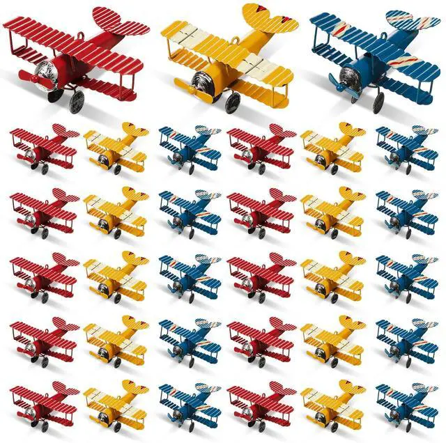 Main image of Metal Airplane Decorations Vintage Airplane Ornament Hanging Iron Biplane Models Retro Plane Cake Topper for Christmas Birthday Home Decor Desktop Ornament Photo Props, Red Blue Yellow(30 Pcs)