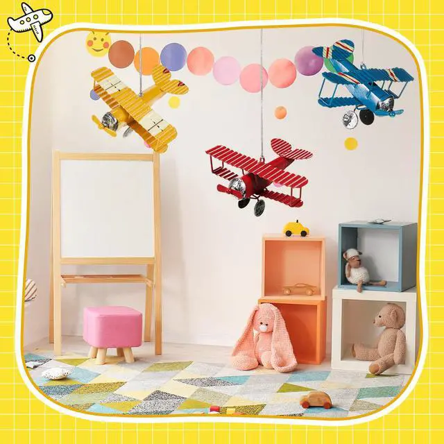 Alt view image 5 of 6 - Metal Airplane Decorations Vintage Airplane Ornament Hanging Iron Biplane Models Retro Plane Cake Topper for Christmas Birthday Home Decor Desktop Ornament Photo Props, Red Blue Yellow(30 Pcs)