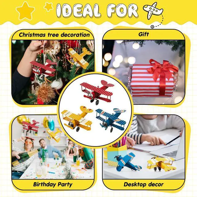 Alt view image 6 of 6 - Metal Airplane Decorations Vintage Airplane Ornament Hanging Iron Biplane Models Retro Plane Cake Topper for Christmas Birthday Home Decor Desktop Ornament Photo Props, Red Blue Yellow(30 Pcs)