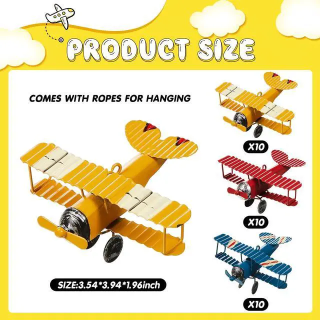 Alt view image 2 of 6 - Metal Airplane Decorations Vintage Airplane Ornament Hanging Iron Biplane Models Retro Plane Cake Topper for Christmas Birthday Home Decor Desktop Ornament Photo Props, Red Blue Yellow(30 Pcs)