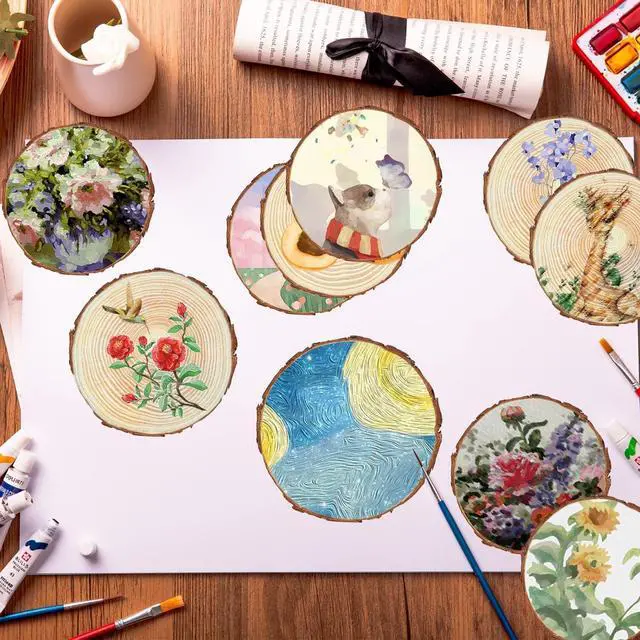 Alt view image 7 of 7 - 17 PCS Unfinished Wood Slices for Centerpieces - 5.1-5.5 Inch,Round Natural Discs with Tree Bark, Wooden Cookies Circles for Crafts Christmas Ornaments, Rustic Wedding Decor,Table Decoration