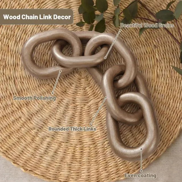 Alt view image 3 of 7 - Decorative Wood Chain Link Decor Rustic 5 Link Wooden Chain Ornament Farmhouse Home Decoration Hand Carved Crafts Book Shelf Decor Items for Coffee Table(Champagne,13.78 Inch)