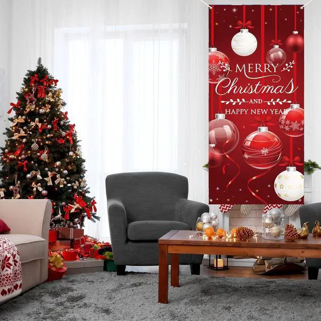Alt view image 7 of 7 - Christmas Door Cover Decorations Xmas Tree Ornament Ball Hanging Wall Decoration Sign Front Door or Indoor Home Decor for Merry Christmas Party Supplies 35.4×78 Inch
