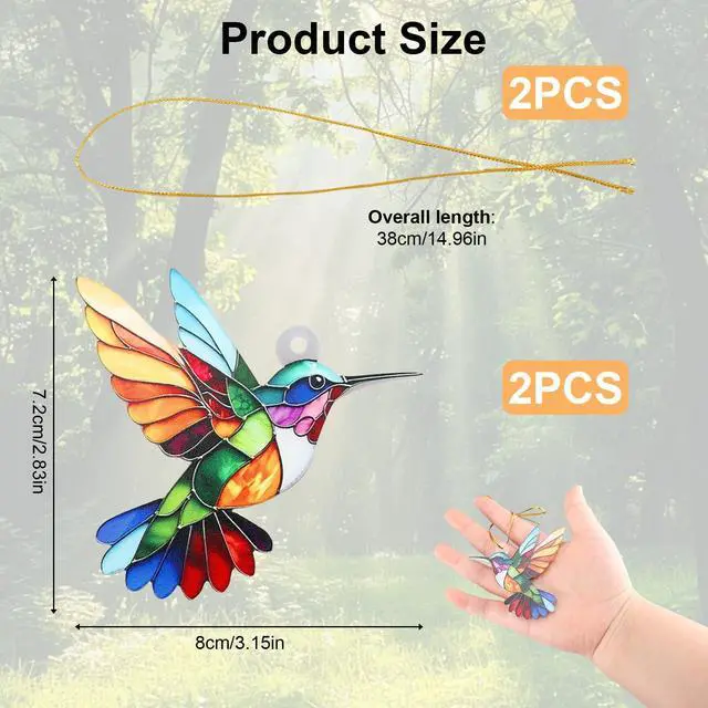 Alt view image 2 of 7 - 2pcs Hummingbird Gift for Women, Colorful Suncatcher Ornament, Christmas Tree Decor, Hanging Ornament for Door Yard Window Outdoor Birthday Father Day Graduation Gift
