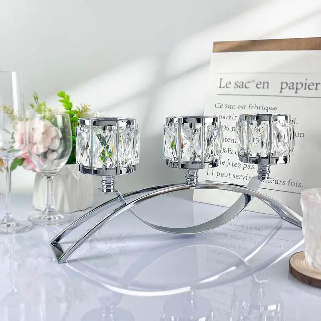 Main image of 3 Arms Crystal Candle Holders, Arch Candlestick Table Candelabras Centerpieces for Wedding, Dinning Room, Cabinet Ornaments, Home Decoration Gift (3-arm Arched, Silver)