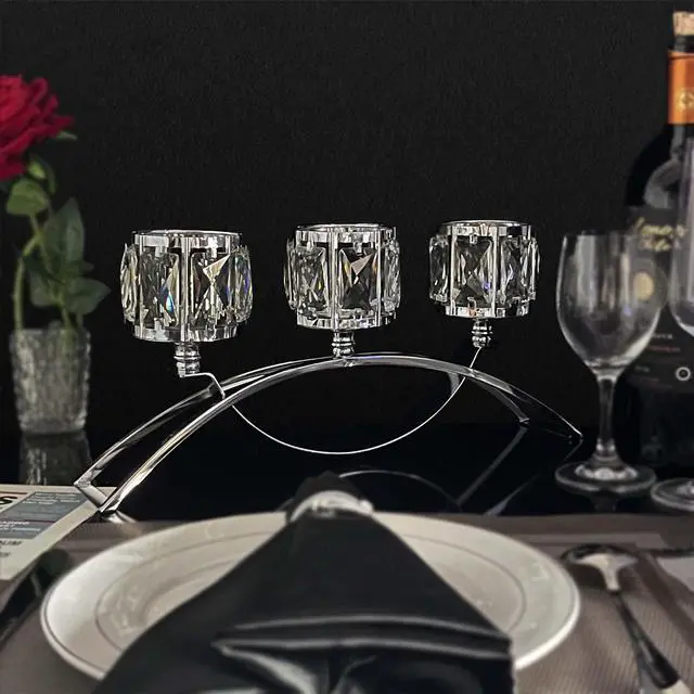 Alt view image 3 of 7 - 3 Arms Crystal Candle Holders, Arch Candlestick Table Candelabras Centerpieces for Wedding, Dinning Room, Cabinet Ornaments, Home Decoration Gift (3-arm Arched, Silver)