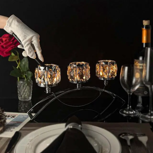 Alt view image 4 of 7 - 3 Arms Crystal Candle Holders, Arch Candlestick Table Candelabras Centerpieces for Wedding, Dinning Room, Cabinet Ornaments, Home Decoration Gift (3-arm Arched, Silver)