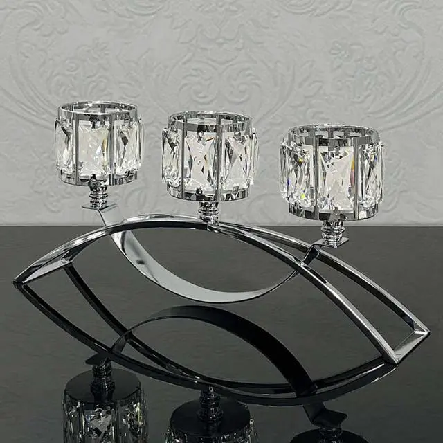 Alt view image 7 of 7 - 3 Arms Crystal Candle Holders, Arch Candlestick Table Candelabras Centerpieces for Wedding, Dinning Room, Cabinet Ornaments, Home Decoration Gift (3-arm Arched, Silver)