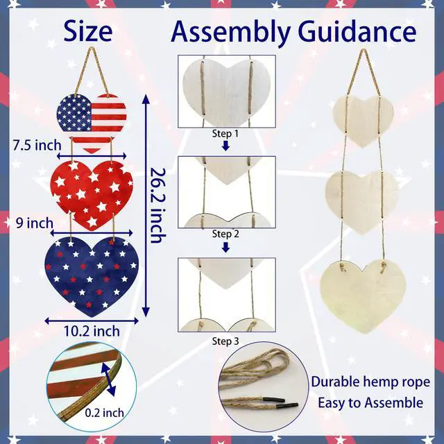 Alt view image 2 of 7 - 4th of July Decorations Patriotic Decorations Heart Patriotic Wreath Hanging Sign Wooden 4th of July Wreaths for Front Door Decorations for Memorial Day Fourth of July Porch Wall Indoor Home Decor