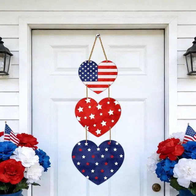 Alt view image 3 of 7 - 4th of July Decorations Patriotic Decorations Heart Patriotic Wreath Hanging Sign Wooden 4th of July Wreaths for Front Door Decorations for Memorial Day Fourth of July Porch Wall Indoor Home Decor
