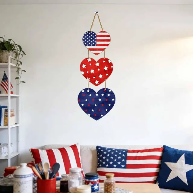 Alt view image 4 of 7 - 4th of July Decorations Patriotic Decorations Heart Patriotic Wreath Hanging Sign Wooden 4th of July Wreaths for Front Door Decorations for Memorial Day Fourth of July Porch Wall Indoor Home Decor