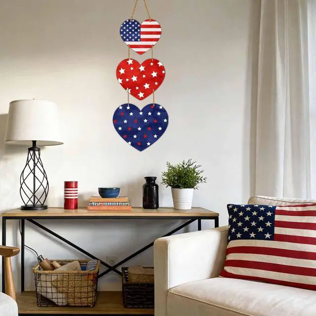 Alt view image 6 of 7 - 4th of July Decorations Patriotic Decorations Heart Patriotic Wreath Hanging Sign Wooden 4th of July Wreaths for Front Door Decorations for Memorial Day Fourth of July Porch Wall Indoor Home Decor