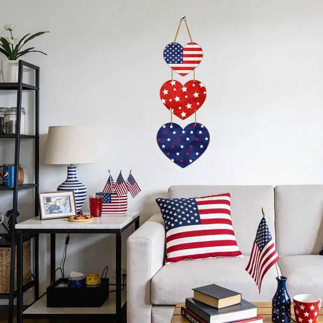Alt view image 7 of 7 - 4th of July Decorations Patriotic Decorations Heart Patriotic Wreath Hanging Sign Wooden 4th of July Wreaths for Front Door Decorations for Memorial Day Fourth of July Porch Wall Indoor Home Decor