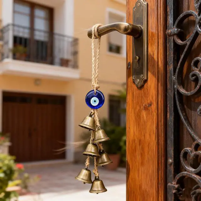 Alt view image 3 of 6 - 2 Pieces Witch Bells for Door Knob Protection,Witchy Wicca Decor Clear Negative Energies with Blue Evil Eyes,Witchcraft Supplies for Boho Home Room Decor (A)