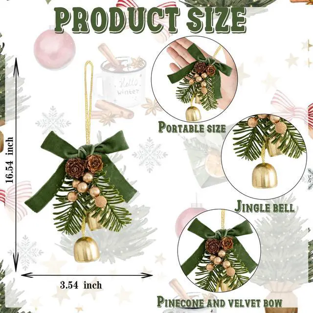 Alt view image 2 of 6 - Green Velvet Bows Christmas Bell Hanging Ornament for Wreath, Xmas Tree Topper Pine Leaves Bell Craft Decor for Home Door Tree Christmas Party Decorations