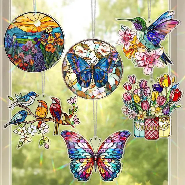 Main image of 6 Pcs Acrylic Butterfly Suncatcher Ornament Faux Stained Glass Butterfly Gifts for Women Colorful Hummingbird Cardinal Suncatcher Window Hanging Decor for Home Spring Summer Nature Lover