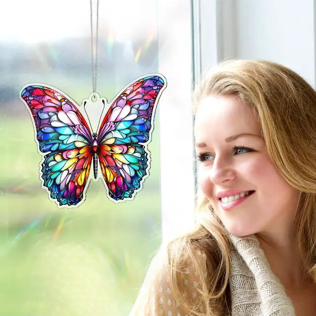 Alt view image 2 of 6 - 6 Pcs Acrylic Butterfly Suncatcher Ornament Faux Stained Glass Butterfly Gifts for Women Colorful Hummingbird Cardinal Suncatcher Window Hanging Decor for Home Spring Summer Nature Lover