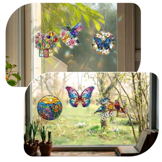 Alt view image 3 of 6 - 6 Pcs Acrylic Butterfly Suncatcher Ornament Faux Stained Glass Butterfly Gifts for Women Colorful Hummingbird Cardinal Suncatcher Window Hanging Decor for Home Spring Summer Nature Lover