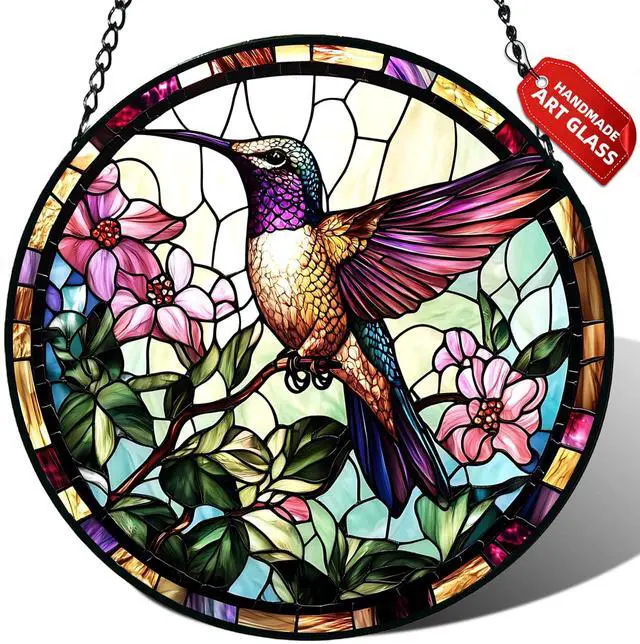 Main image of Stained Glass Window Hanging, Hummingbird Suncatcher for Door Home Decor, Birds Flowers Sun Catcher Ornament Mother's Day Birthday Gifts for Bird Lovers Women Men Mom 6.3 in
