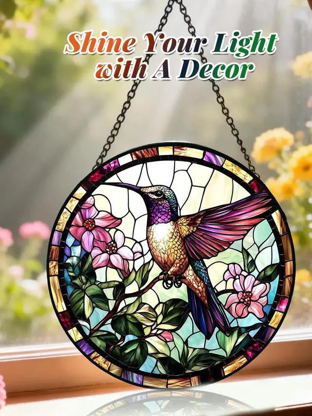 Alt view image 2 of 6 - Stained Glass Window Hanging, Hummingbird Suncatcher for Door Home Decor, Birds Flowers Sun Catcher Ornament Mother's Day Birthday Gifts for Bird Lovers Women Men Mom 6.3 in