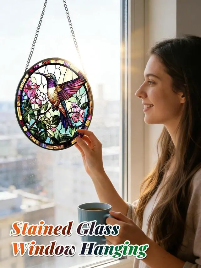Alt view image 3 of 6 - Stained Glass Window Hanging, Hummingbird Suncatcher for Door Home Decor, Birds Flowers Sun Catcher Ornament Mother's Day Birthday Gifts for Bird Lovers Women Men Mom 6.3 in