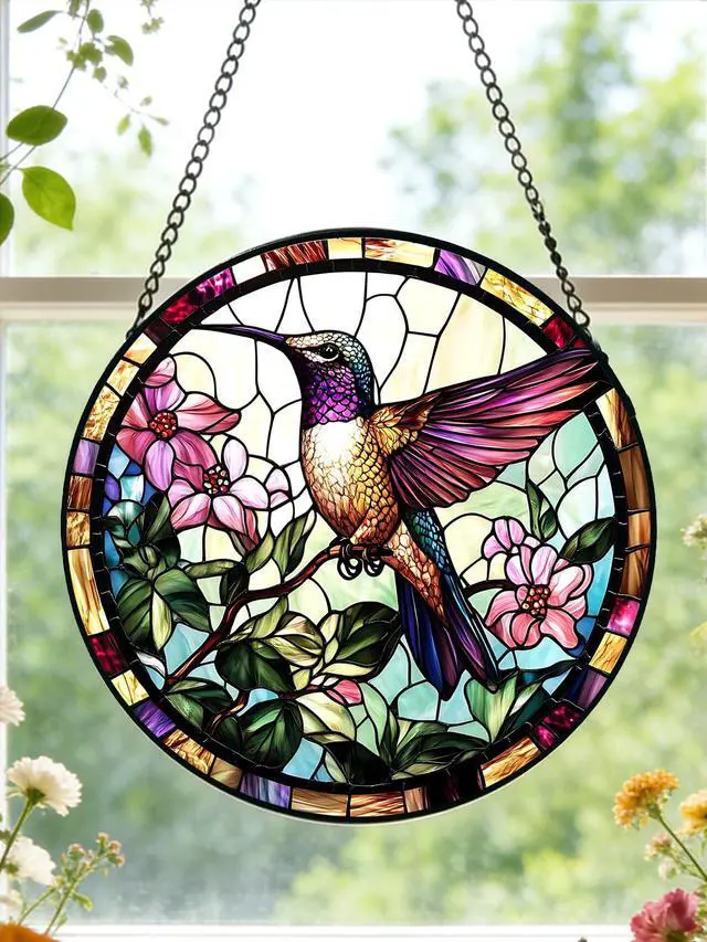 Alt view image 6 of 6 - Stained Glass Window Hanging, Hummingbird Suncatcher for Door Home Decor, Birds Flowers Sun Catcher Ornament Mother's Day Birthday Gifts for Bird Lovers Women Men Mom 6.3 in