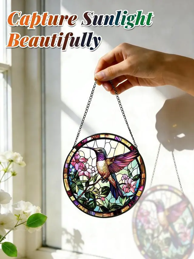 Alt view image 4 of 6 - Stained Glass Window Hanging, Hummingbird Suncatcher for Door Home Decor, Birds Flowers Sun Catcher Ornament Mother's Day Birthday Gifts for Bird Lovers Women Men Mom 6.3 in