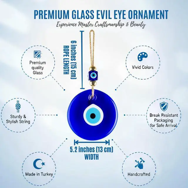 Alt view image 3 of 7 - X-Large Evil Eye Wall Decor 5.2'' Blue Glass Turkish Greek Nazar Amulet Good Luck & Protection Charm - Handmade Hanging Ornament for Home,Office, Garden, Door - Ojo Turco