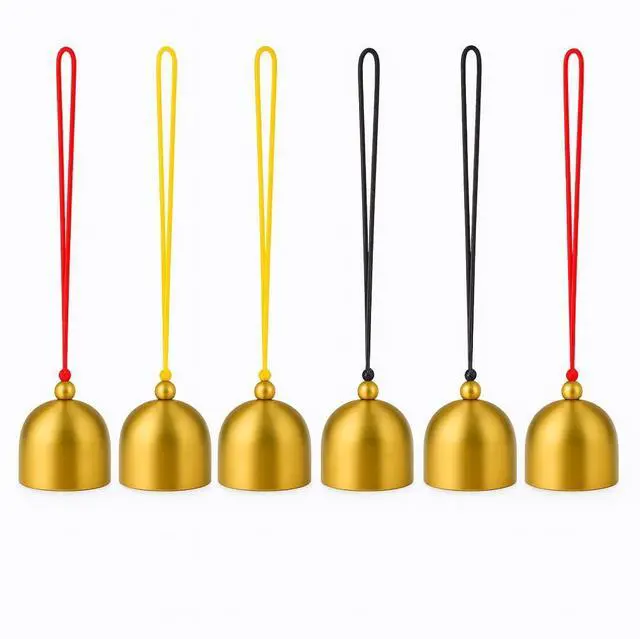 Main image of 6 Pack Mini Brass Hanging Bells, 1.49 Inch Gold Jingle Bells with Red Black Yellow Cords, Christmas Tree Ornaments, Door & Window Wind Chimes, Pet Collar Bells