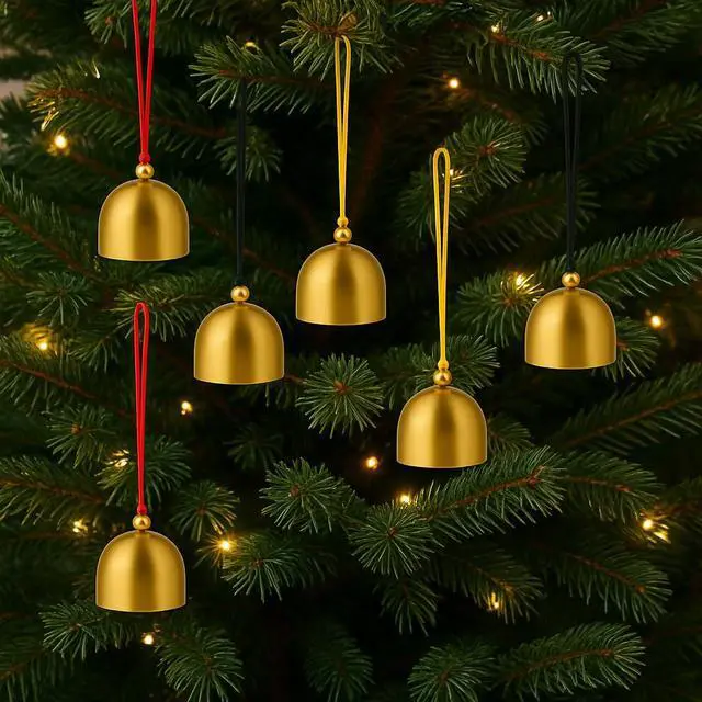 Alt view image 3 of 3 - 6 Pack Mini Brass Hanging Bells, 1.49 Inch Gold Jingle Bells with Red Black Yellow Cords, Christmas Tree Ornaments, Door & Window Wind Chimes, Pet Collar Bells