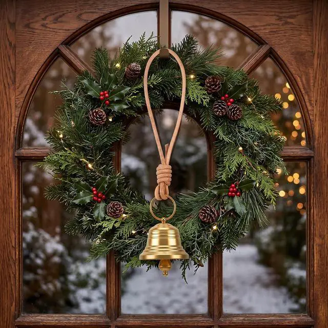Alt view image 4 of 7 - Bells for Door Knob Gold Brass Bell Small Bell Vintage Gold Hanging on Leather Rope Entry Doorbell for Home Shop Garden Decor Garden Christmas Decoration
