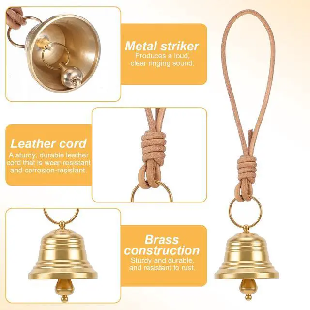 Alt view image 5 of 7 - Bells for Door Knob Gold Brass Bell Small Bell Vintage Gold Hanging on Leather Rope Entry Doorbell for Home Shop Garden Decor Garden Christmas Decoration