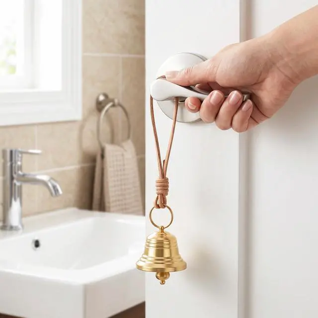 Alt view image 6 of 7 - Bells for Door Knob Gold Brass Bell Small Bell Vintage Gold Hanging on Leather Rope Entry Doorbell for Home Shop Garden Decor Garden Christmas Decoration