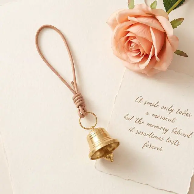 Alt view image 7 of 7 - Bells for Door Knob Gold Brass Bell Small Bell Vintage Gold Hanging on Leather Rope Entry Doorbell for Home Shop Garden Decor Garden Christmas Decoration