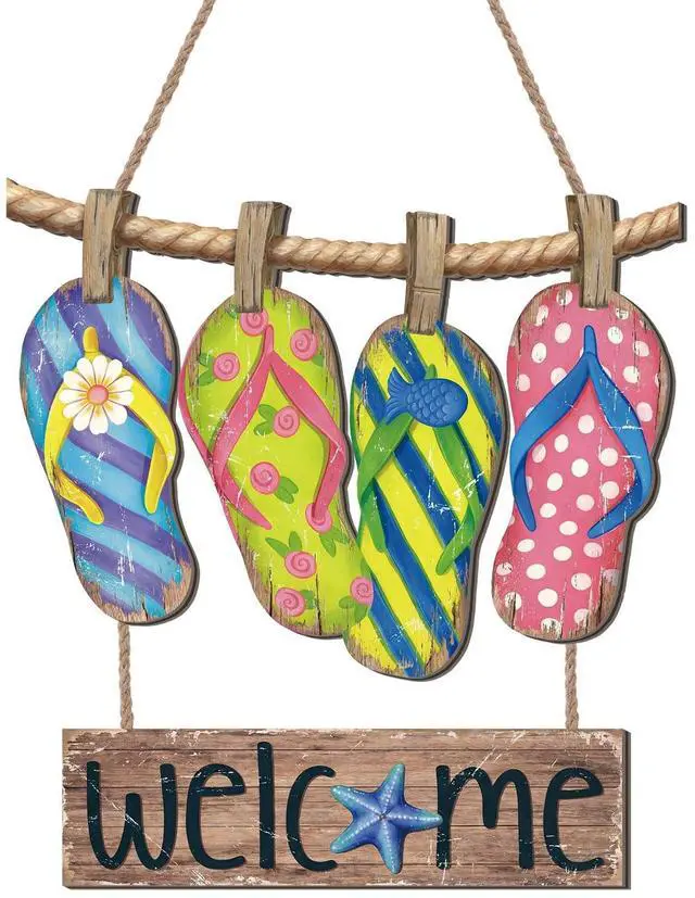 Main image of Summer Slippers Hanging Sign Decorations Flip Flop Welcome Door Sign Hanger Wooden Farmhouse Door Wreath Rustic Summer Hanging Decor for Home Wall Window Porch Indoor Outdoor