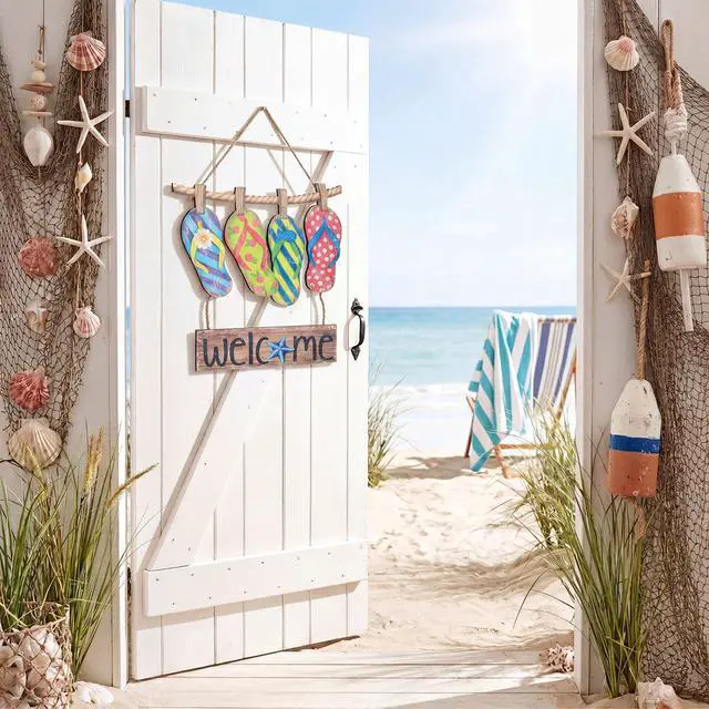 Alt view image 3 of 7 - Summer Slippers Hanging Sign Decorations Flip Flop Welcome Door Sign Hanger Wooden Farmhouse Door Wreath Rustic Summer Hanging Decor for Home Wall Window Porch Indoor Outdoor