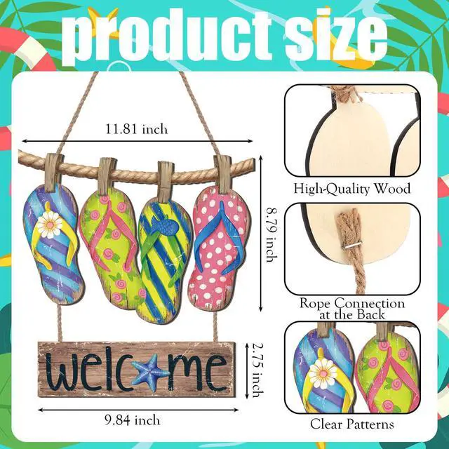 Alt view image 2 of 7 - Summer Slippers Hanging Sign Decorations Flip Flop Welcome Door Sign Hanger Wooden Farmhouse Door Wreath Rustic Summer Hanging Decor for Home Wall Window Porch Indoor Outdoor