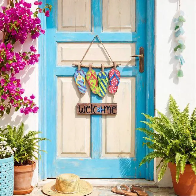 Alt view image 4 of 7 - Summer Slippers Hanging Sign Decorations Flip Flop Welcome Door Sign Hanger Wooden Farmhouse Door Wreath Rustic Summer Hanging Decor for Home Wall Window Porch Indoor Outdoor