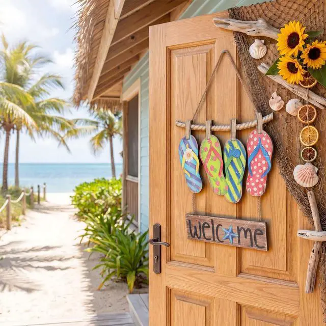 Alt view image 5 of 7 - Summer Slippers Hanging Sign Decorations Flip Flop Welcome Door Sign Hanger Wooden Farmhouse Door Wreath Rustic Summer Hanging Decor for Home Wall Window Porch Indoor Outdoor
