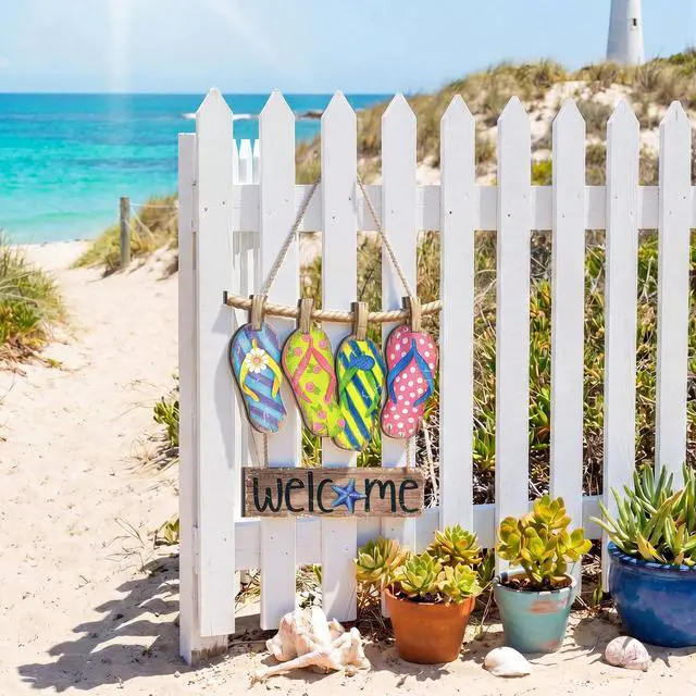 Alt view image 6 of 7 - Summer Slippers Hanging Sign Decorations Flip Flop Welcome Door Sign Hanger Wooden Farmhouse Door Wreath Rustic Summer Hanging Decor for Home Wall Window Porch Indoor Outdoor