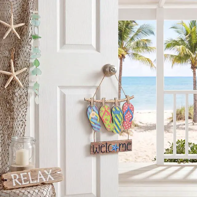 Alt view image 7 of 7 - Summer Slippers Hanging Sign Decorations Flip Flop Welcome Door Sign Hanger Wooden Farmhouse Door Wreath Rustic Summer Hanging Decor for Home Wall Window Porch Indoor Outdoor