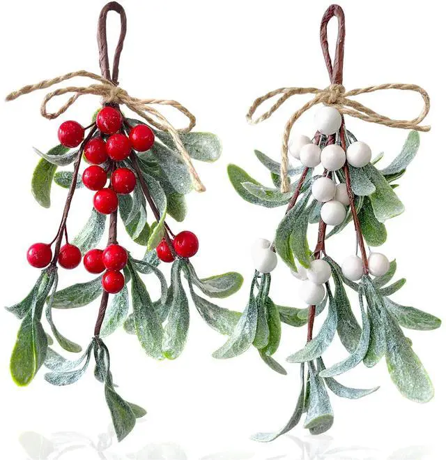 Main image of 2 Pack Artificial Mistletoe Hanging Ornaments, 9.44 Inches Length, Red and White Berries, Christmas Décor for Doors, Walls, Fireplaces, Seasonal Holiday Home Decorations,Winter Wonderland Décor