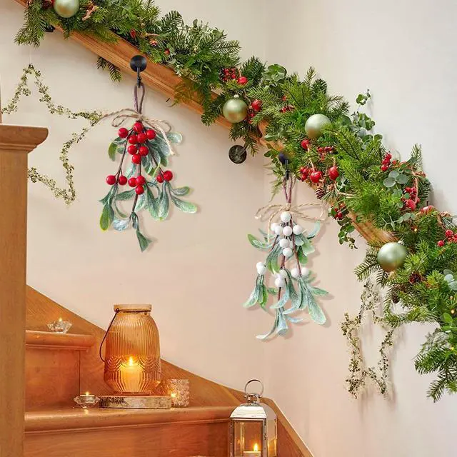 Alt view image 5 of 7 - 2 Pack Artificial Mistletoe Hanging Ornaments, 9.44 Inches Length, Red and White Berries, Christmas Décor for Doors, Walls, Fireplaces, Seasonal Holiday Home Decorations,Winter Wonderland Décor