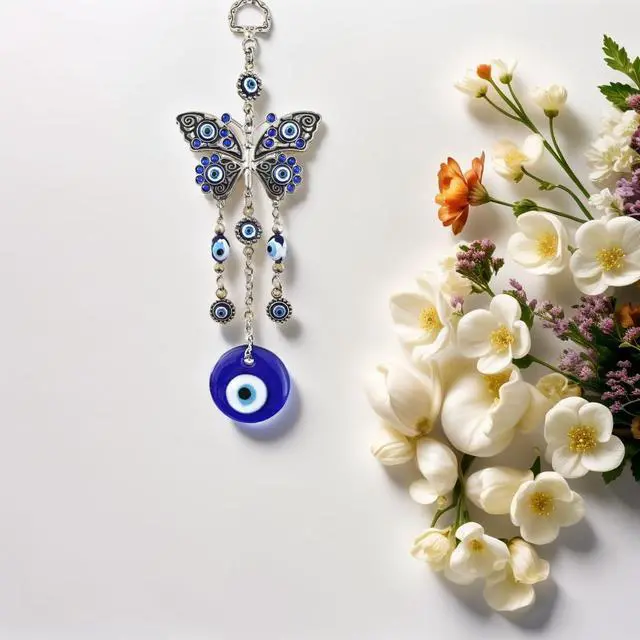 Alt view image 2 of 7 - Turkish Blue Evil Eye with Butterfly Hanging Decoration Ornament (Butterfly)