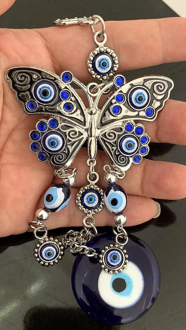 Alt view image 6 of 7 - Turkish Blue Evil Eye with Butterfly Hanging Decoration Ornament (Butterfly)