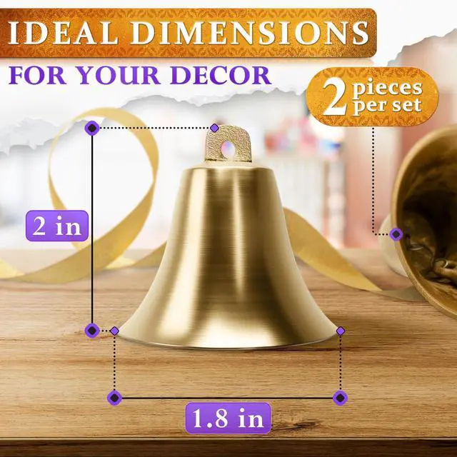 Alt view image 2 of 7 - Bells for Door Knob 2 Pack 2" × 1.8" Vintage Brass with Hanging Loop, Small Bell with Clear Ringing Sound for Home Entry, Office & Shopkeepers Hanging Bell for Door Opening, Crafts & Holiday Decor