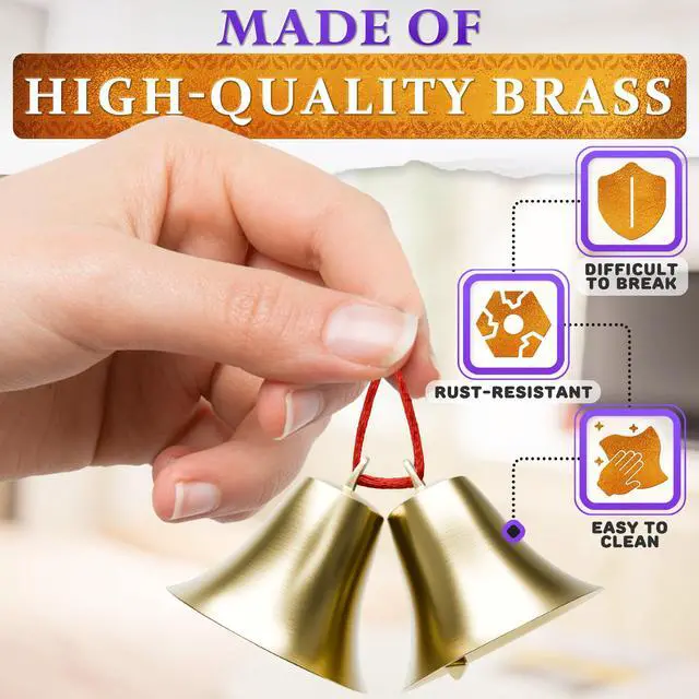 Alt view image 3 of 7 - Bells for Door Knob 2 Pack 2" × 1.8" Vintage Brass with Hanging Loop, Small Bell with Clear Ringing Sound for Home Entry, Office & Shopkeepers Hanging Bell for Door Opening, Crafts & Holiday Decor